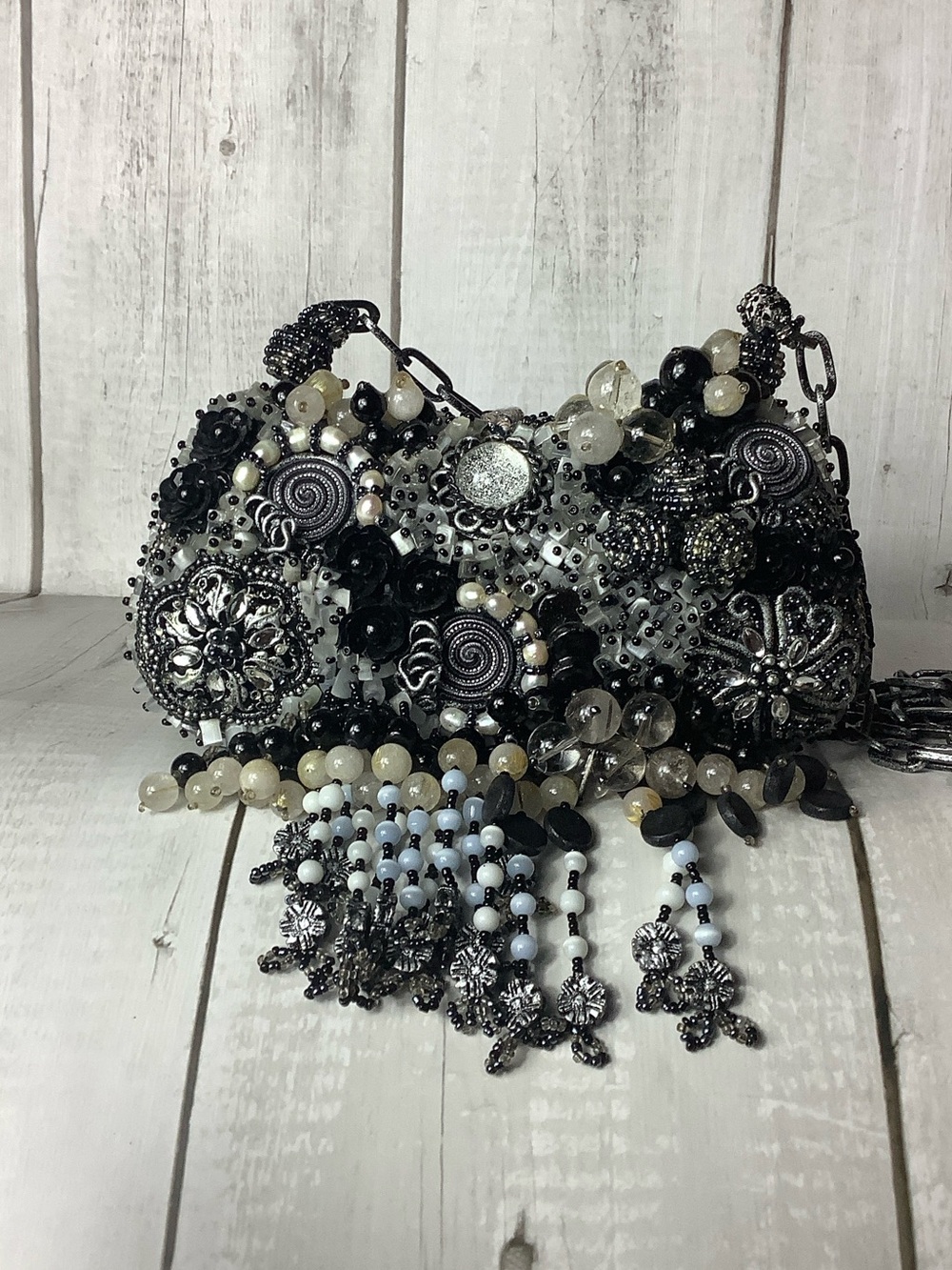 Mary Frances Black, Silver & White Beaded Evening Clutch